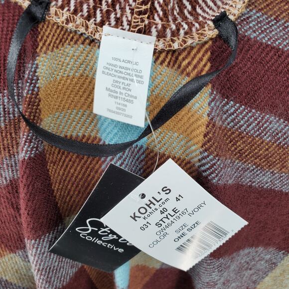 Style Collective‎ Poncho Ruana Cape Wrap Sweater Twill Plaid Hooded One Size New - Picture 7 of 7